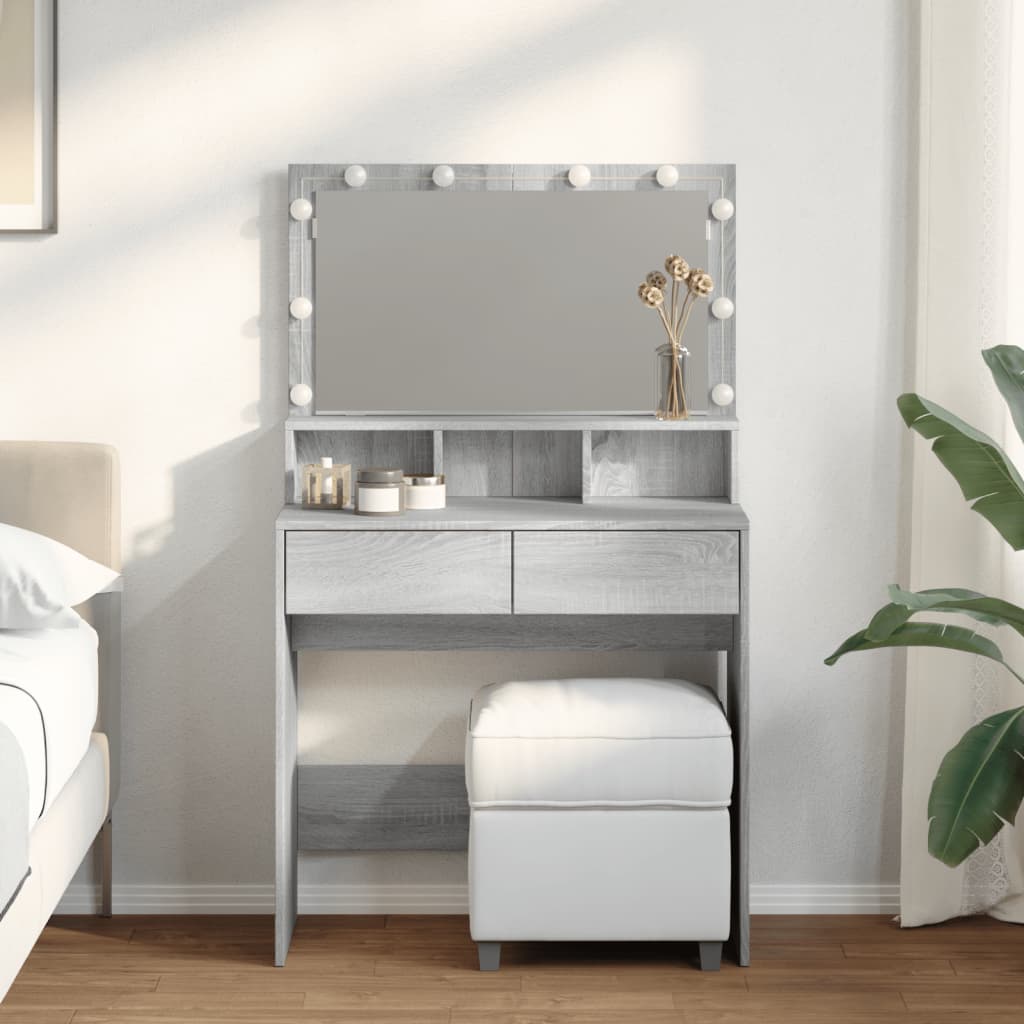 Modern Wooden Dressing Table Makeup Vanity Desk With Storage & LED Lights Mirror