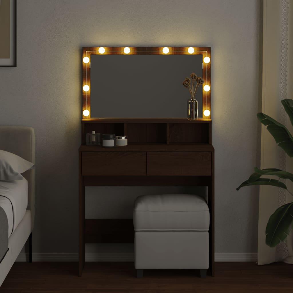 Modern Wooden Dressing Table Makeup Vanity Desk With Storage & LED Lights Mirror