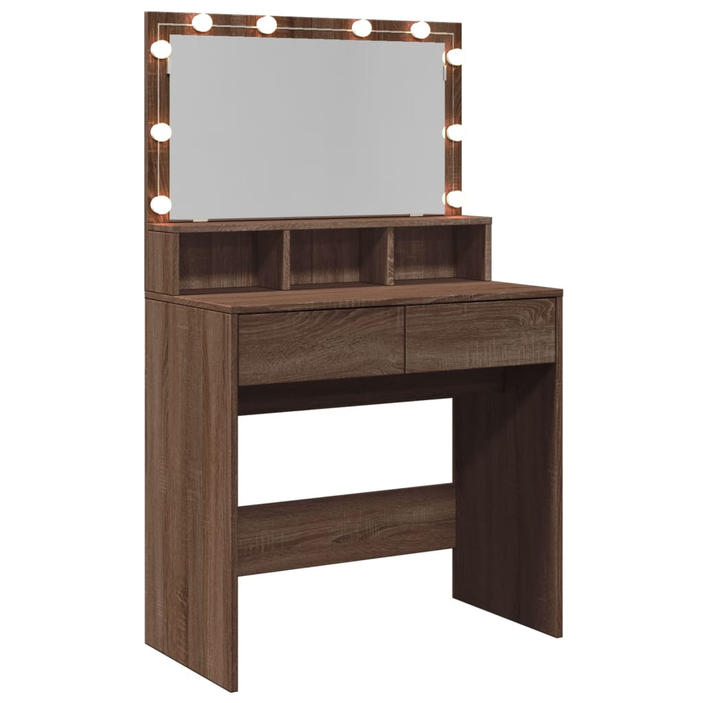 Modern Wooden Dressing Table Makeup Vanity Desk With Storage & LED Lights Mirror