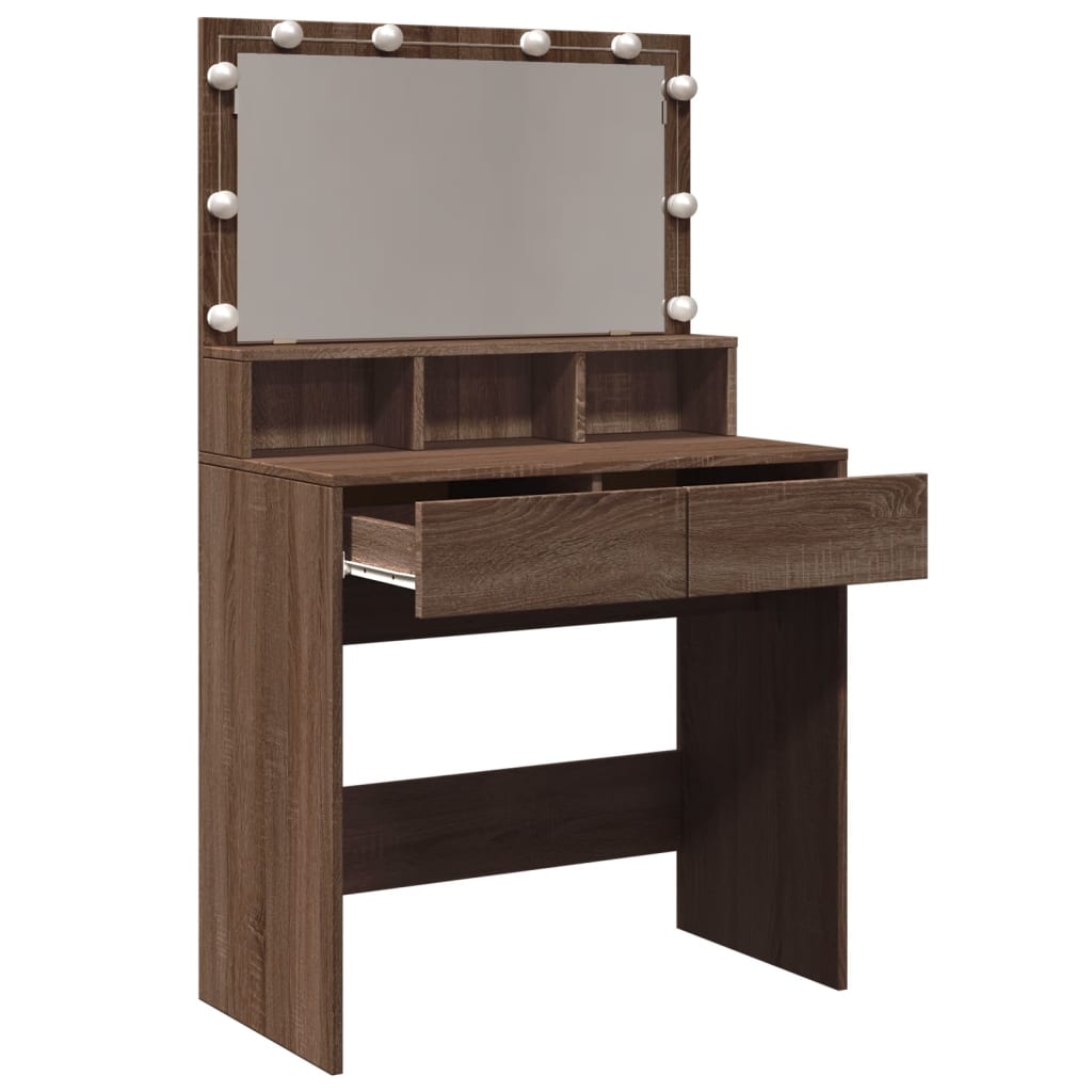 Modern Wooden Dressing Table Makeup Vanity Desk With Storage & LED Lights Mirror