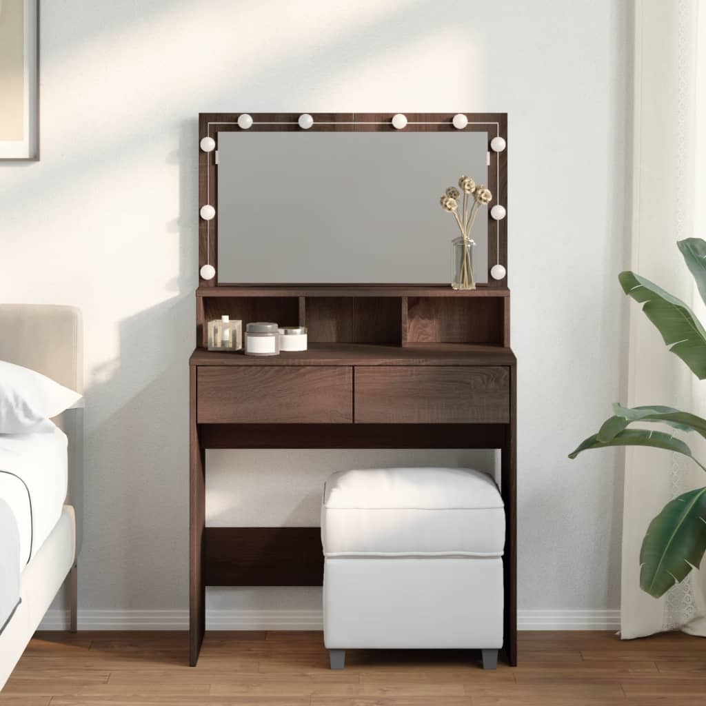 Modern Wooden Dressing Table Makeup Vanity Desk With Storage & LED Lights Mirror