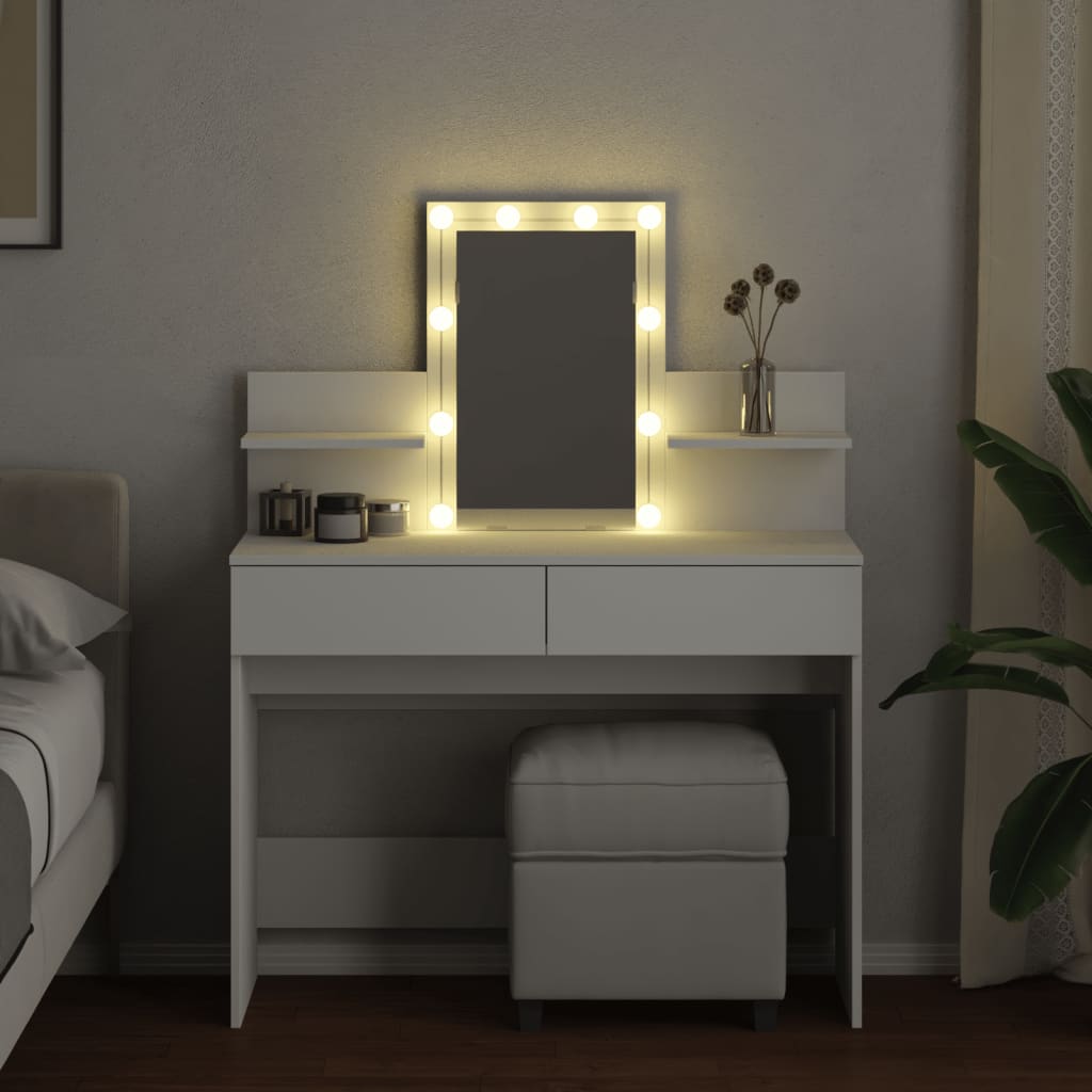 Modern Wooden Makeup Vanity Desk Dressing Table With 2 Drawers LED Mirror