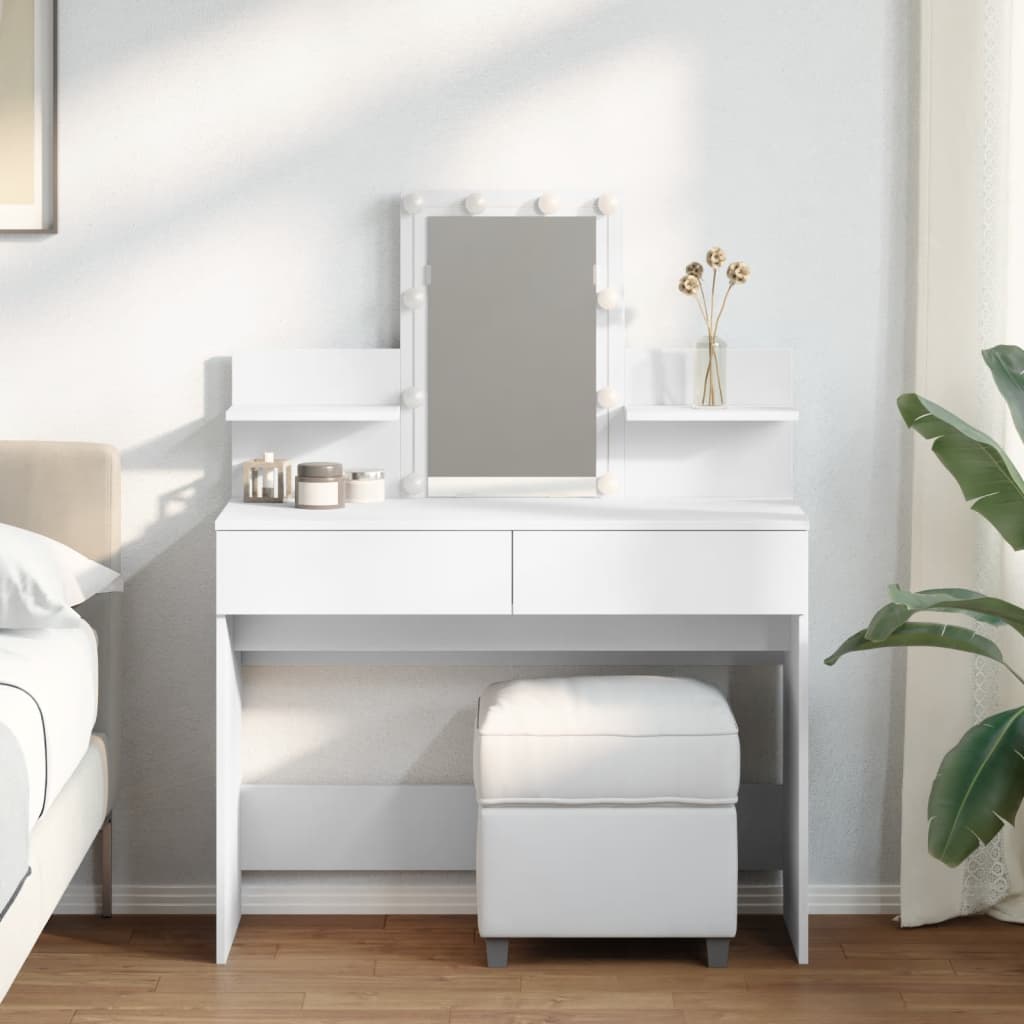 Modern Wooden Makeup Vanity Desk Dressing Table With 2 Drawers LED Mirror
