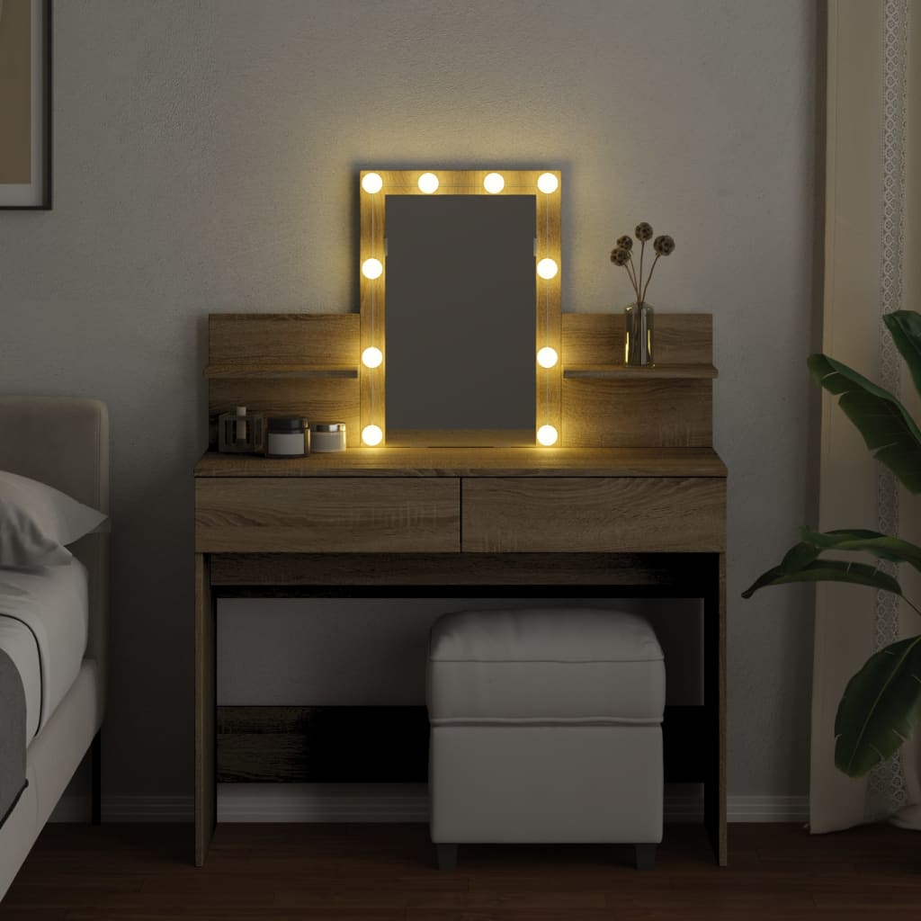 Modern Wooden Makeup Vanity Desk Dressing Table With 2 Drawers LED Mirror