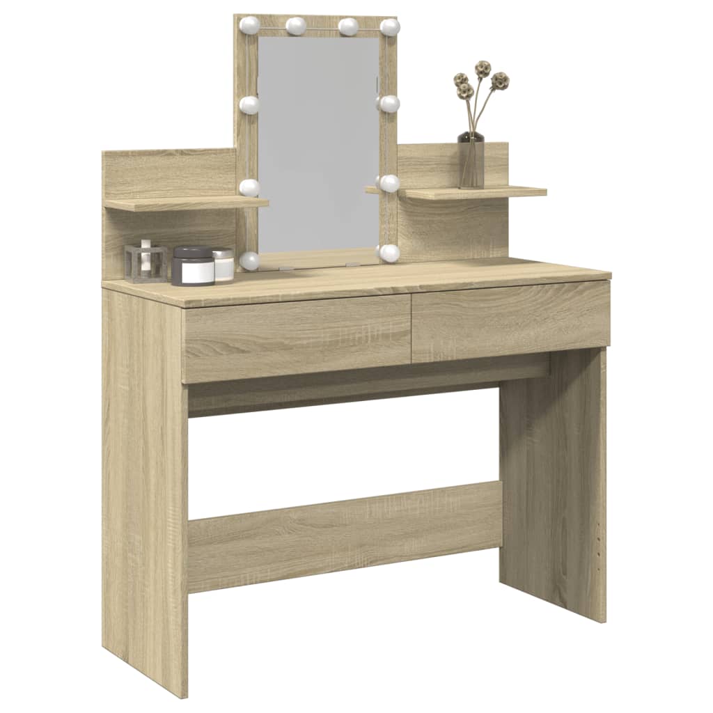 Modern Wooden Makeup Vanity Desk Dressing Table With 2 Drawers LED Mirror