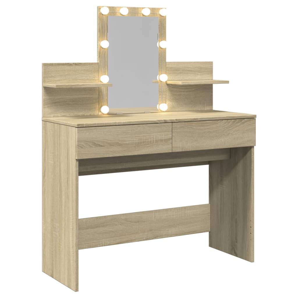 Modern Wooden Makeup Vanity Desk Dressing Table With 2 Drawers LED Mirror