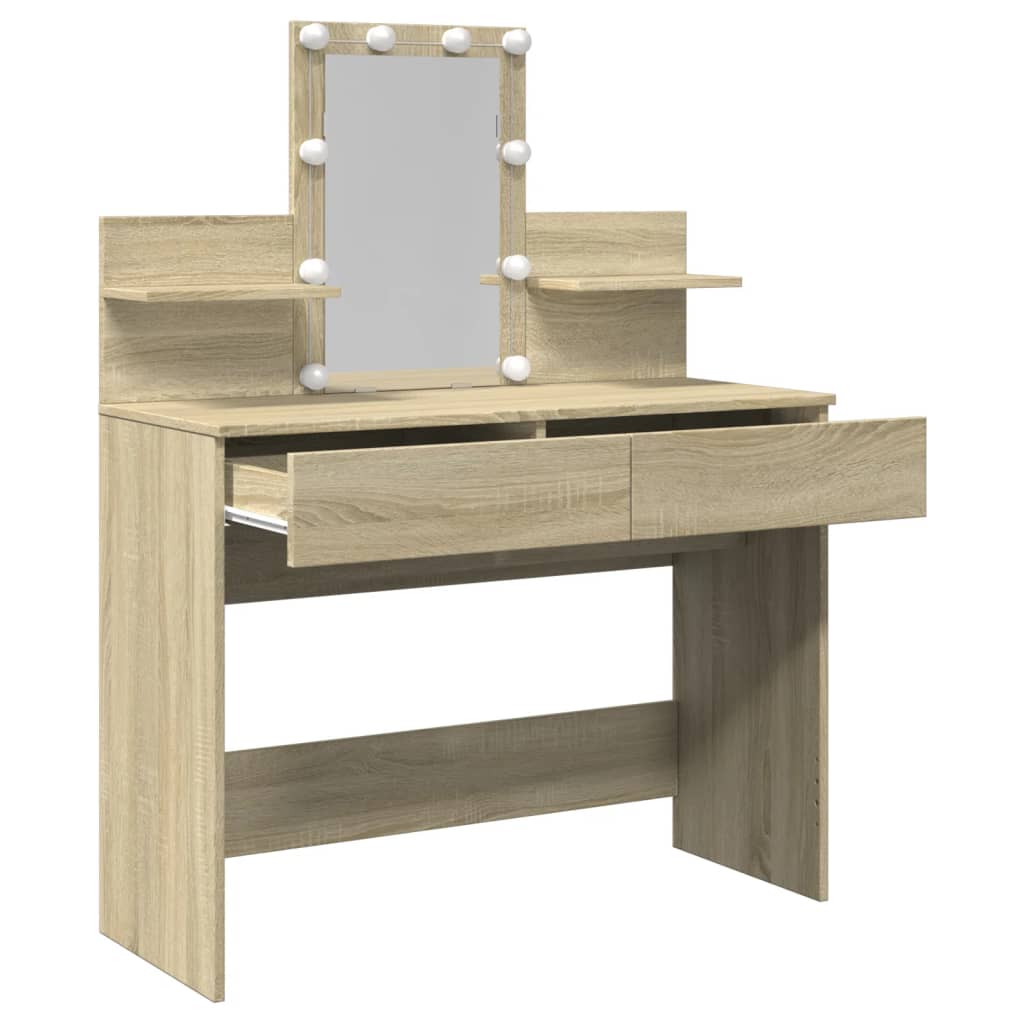 Modern Wooden Makeup Vanity Desk Dressing Table With 2 Drawers LED Mirror