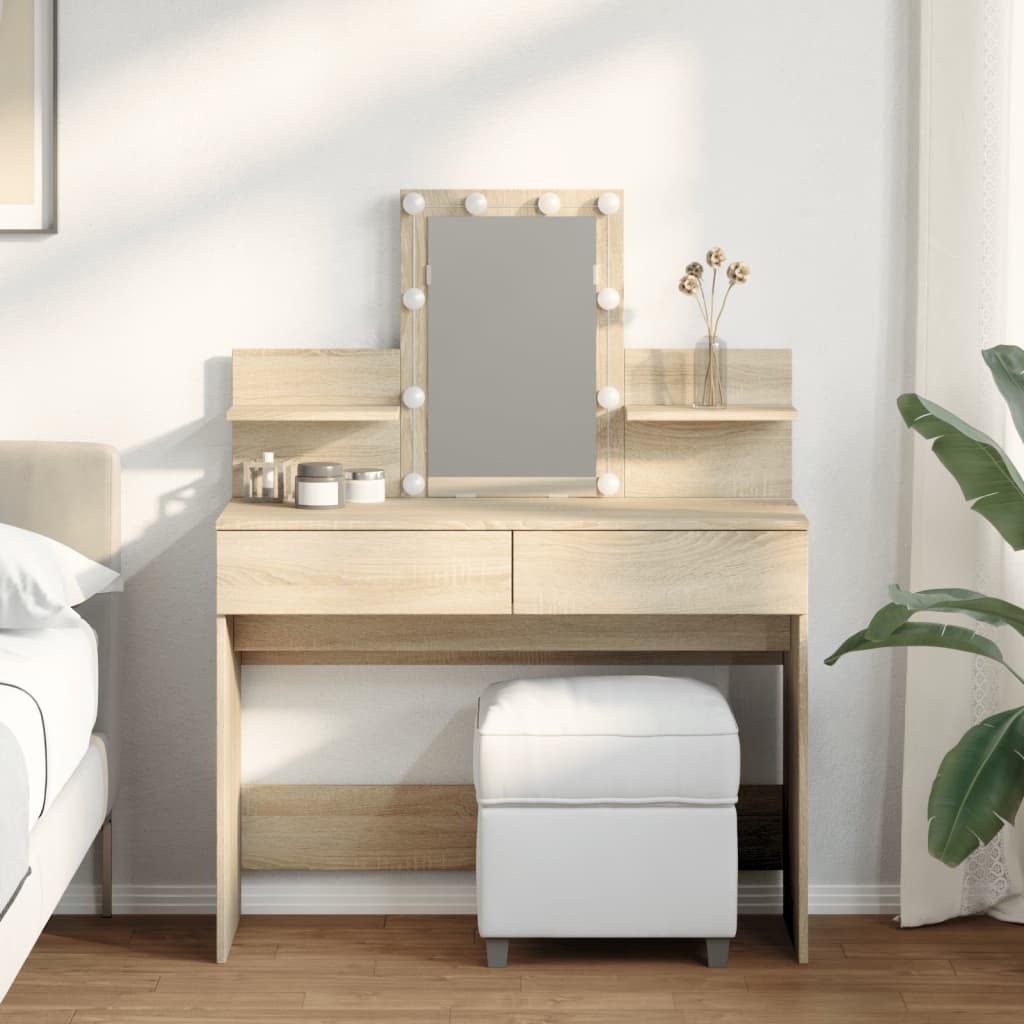 Modern Wooden Makeup Vanity Desk Dressing Table With 2 Drawers LED Mirror