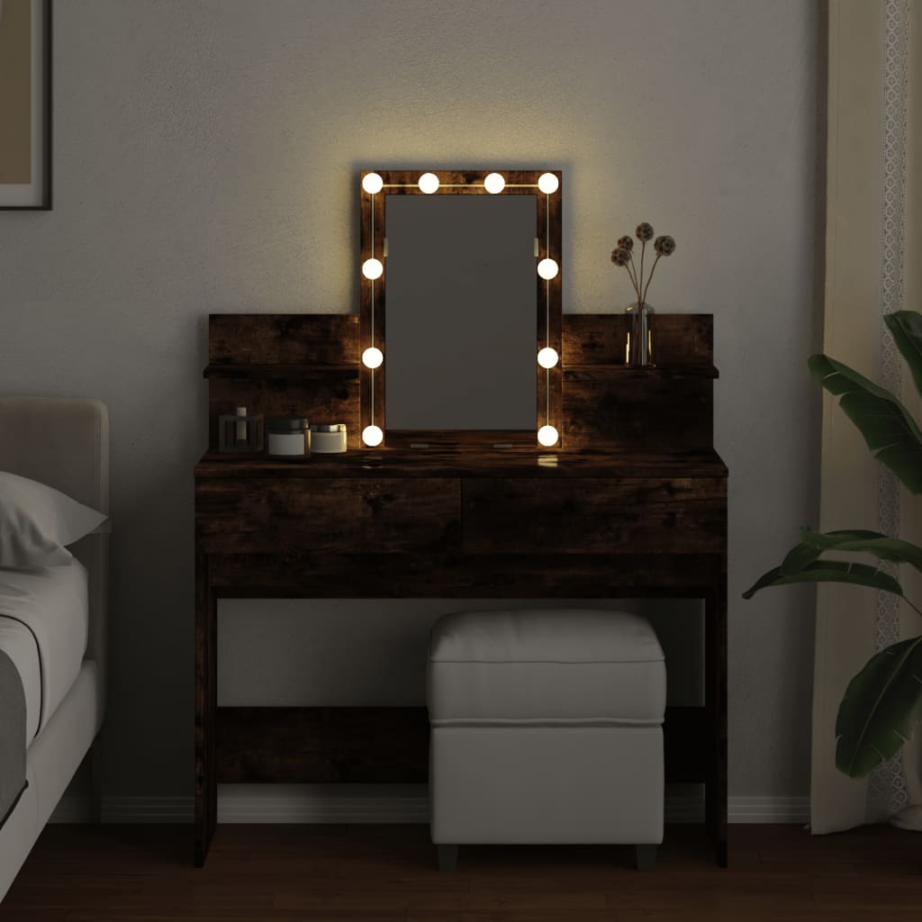 Modern Wooden Makeup Vanity Desk Dressing Table With 2 Drawers LED Mirror