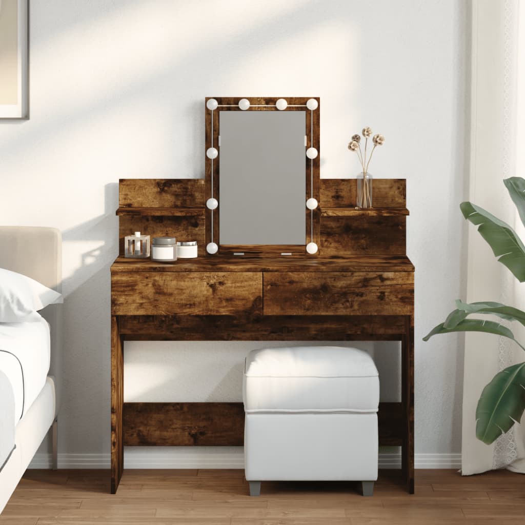 Modern Wooden Makeup Vanity Desk Dressing Table With 2 Drawers LED Mirror