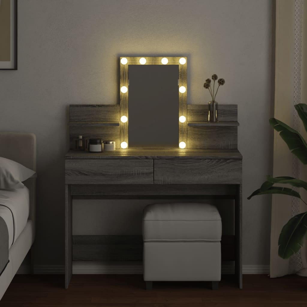 Modern Wooden Makeup Vanity Desk Dressing Table With 2 Drawers LED Mirror