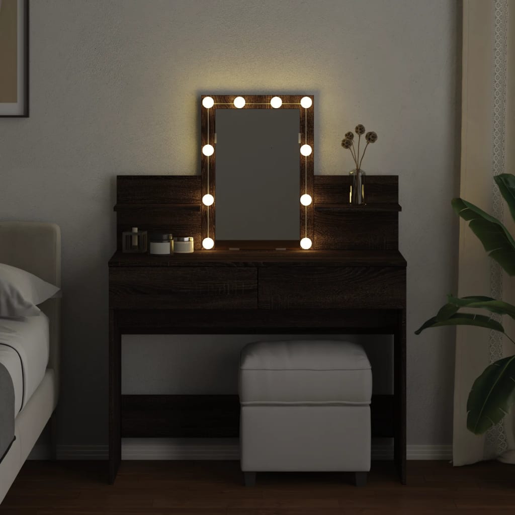 Modern Wooden Makeup Vanity Desk Dressing Table With 2 Drawers LED Mirror