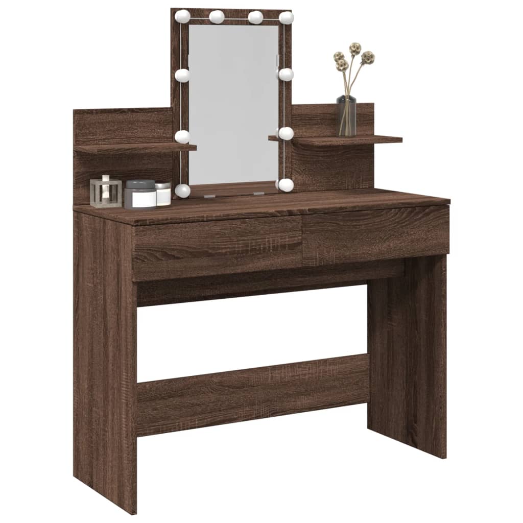 Modern Wooden Makeup Vanity Desk Dressing Table With 2 Drawers LED Mirror