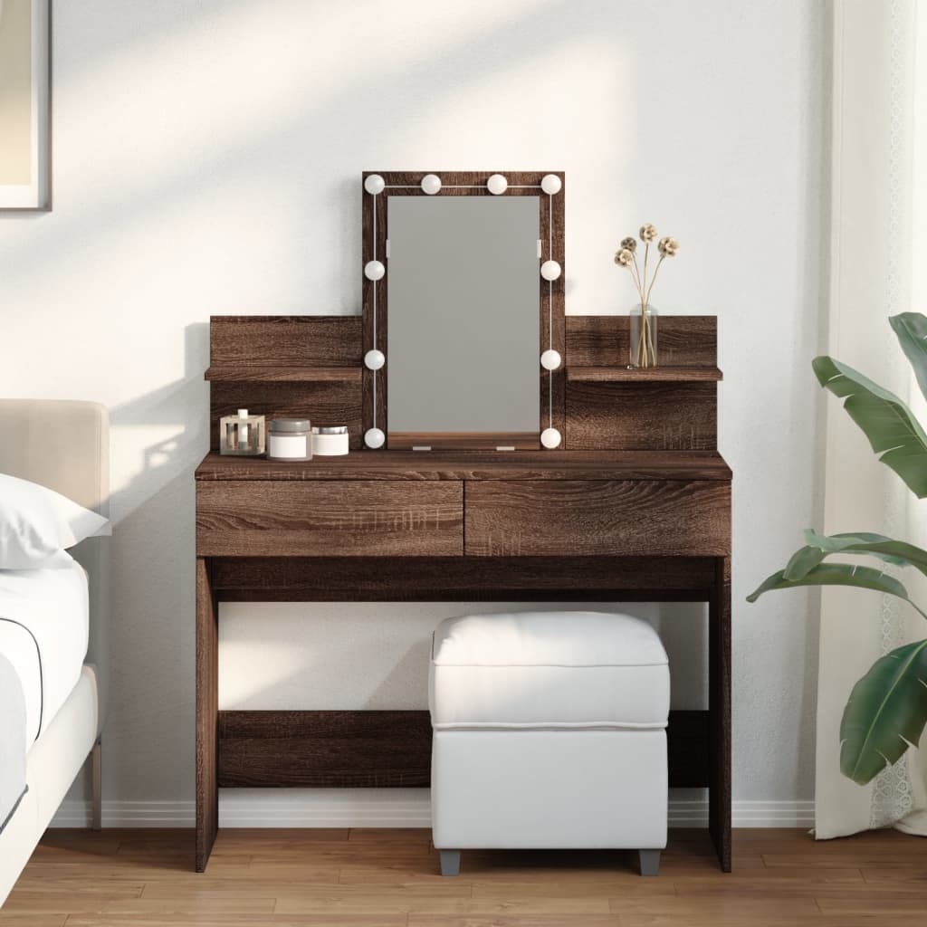 Modern Wooden Makeup Vanity Desk Dressing Table With 2 Drawers LED Mirror