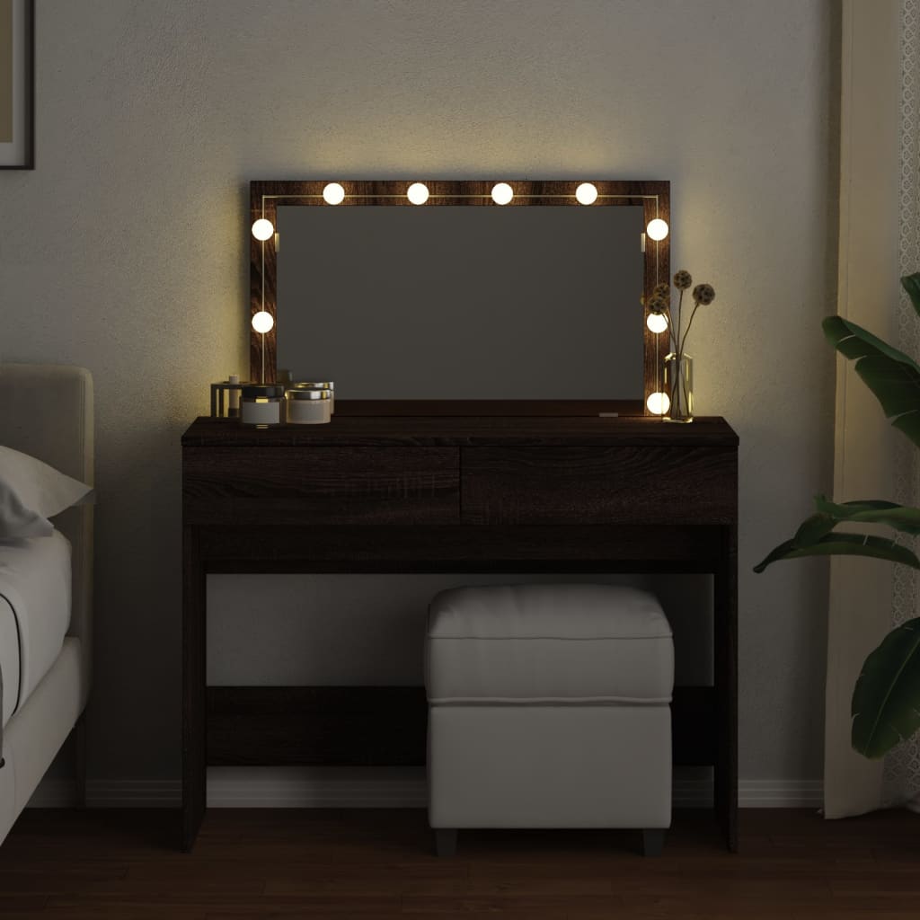 Modern Wooden Wide Dressing Table Makeup Vanity Desk With LED Mirror & Drawers