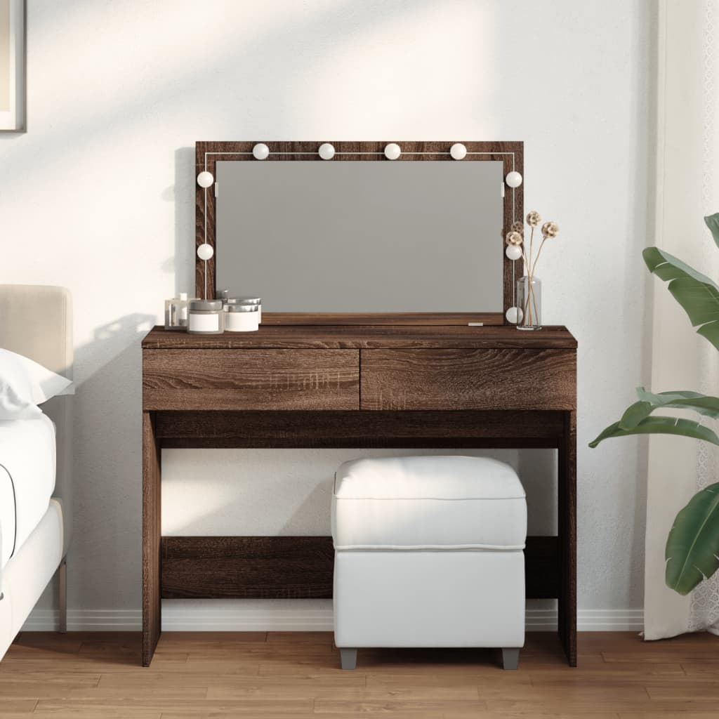 Modern Wooden Wide Dressing Table Makeup Vanity Desk With LED Mirror & Drawers