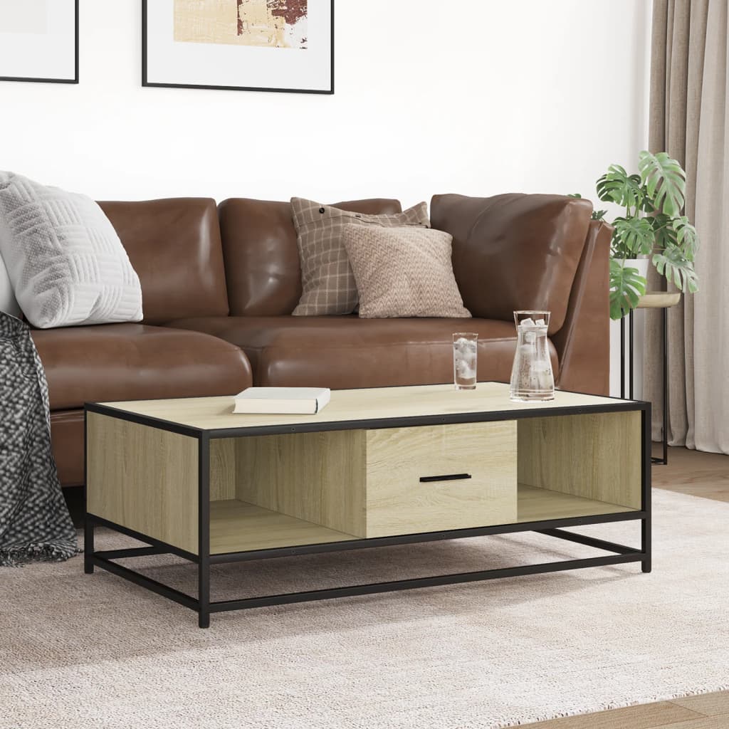 Industrial Wooden Living Room Square Coffee Table With Storage Drawer & Open Shelves