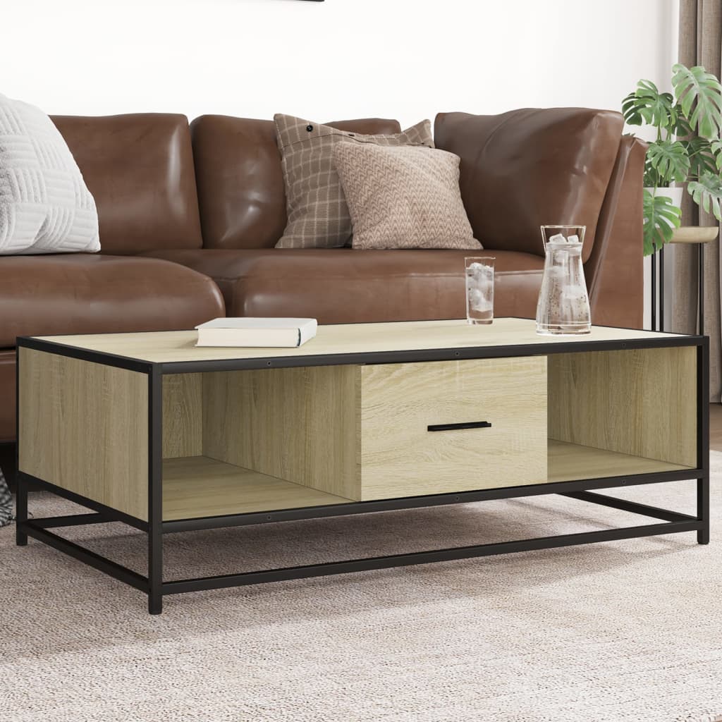 Industrial Wooden Living Room Square Coffee Table With Storage Drawer & Open Shelves