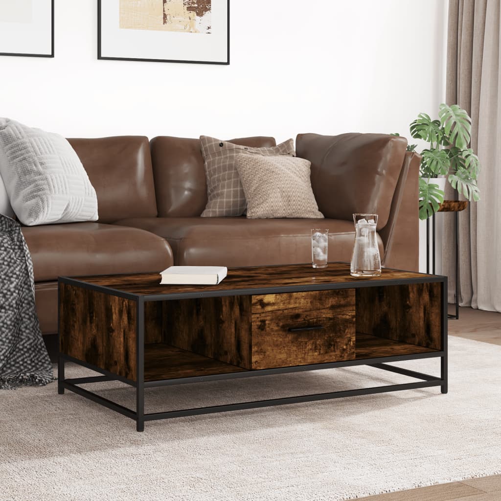 Industrial Wooden Living Room Square Coffee Table With Storage Drawer & Open Shelves