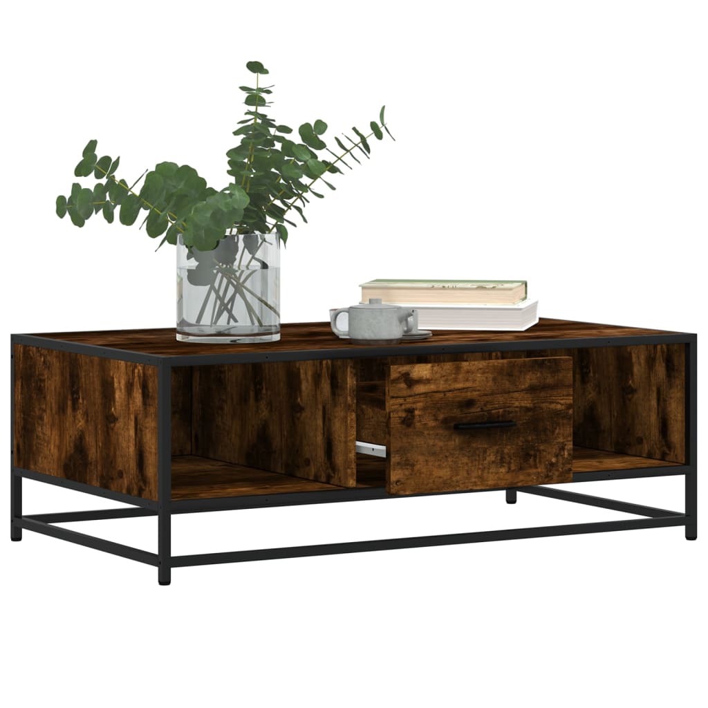 Industrial Wooden Living Room Square Coffee Table With Storage Drawer & Open Shelves