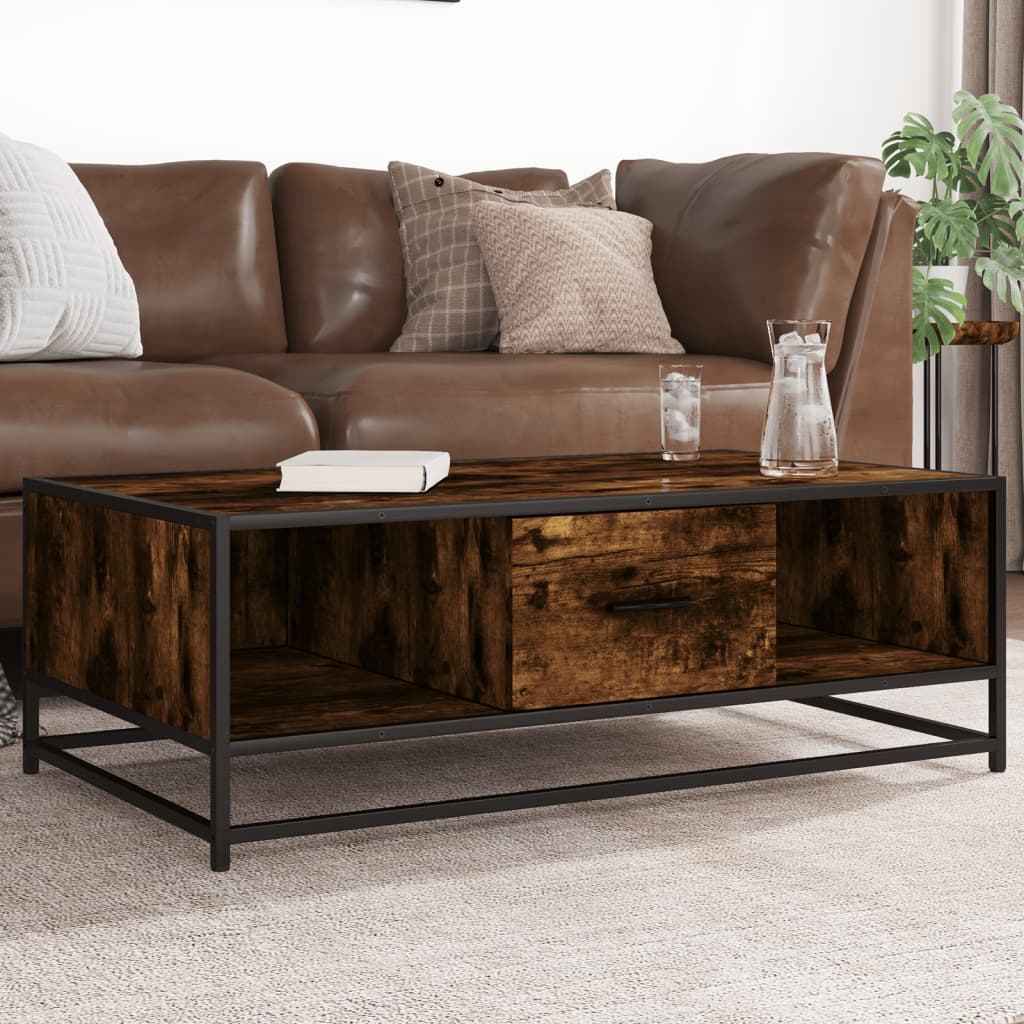 Industrial Wooden Living Room Square Coffee Table With Storage Drawer & Open Shelves