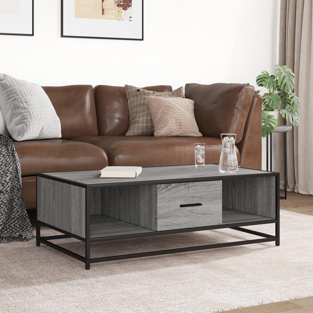 Industrial Wooden Living Room Square Coffee Table With Storage Drawer & Open Shelves