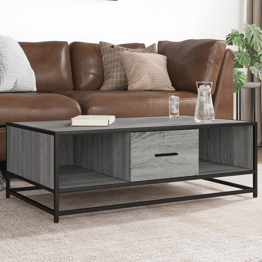 Industrial Wooden Living Room Square Coffee Table With Storage Drawer & Open Shelves