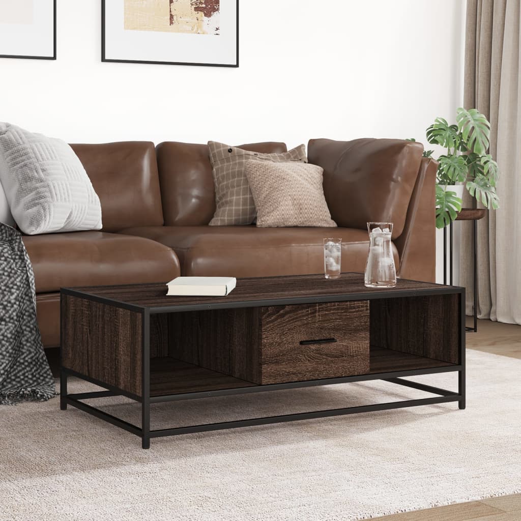 Industrial Wooden Living Room Square Coffee Table With Storage Drawer & Open Shelves