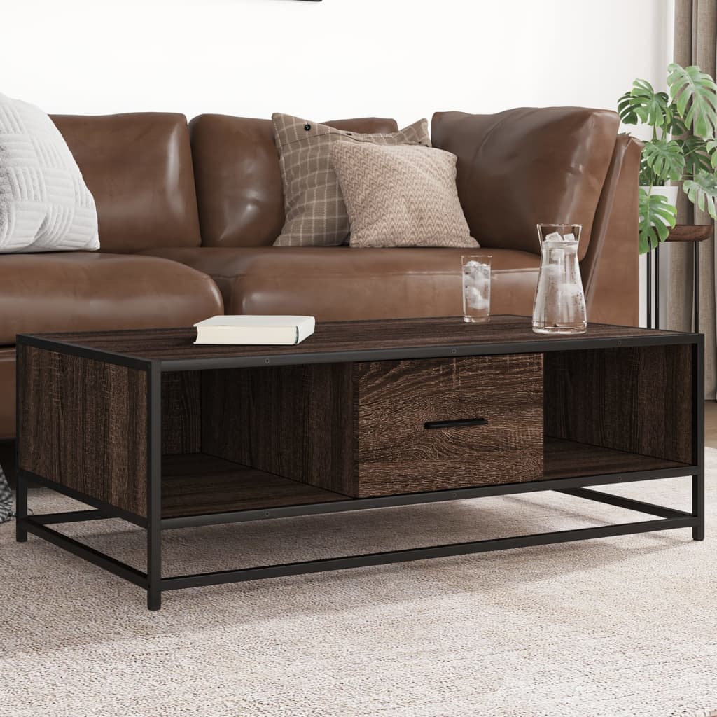 Industrial Wooden Living Room Square Coffee Table With Storage Drawer & Open Shelves