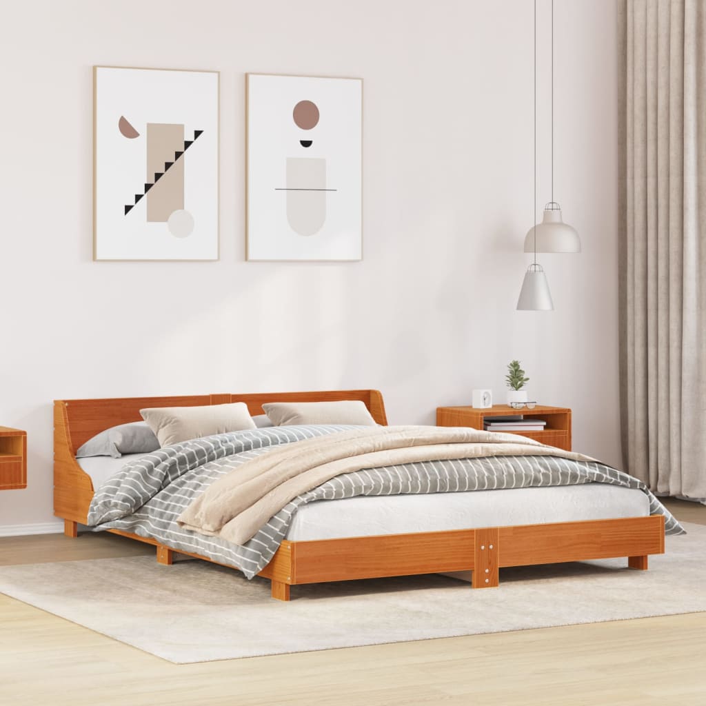 Rustic Wooden Queen Size 160cm Bed Frame Base With Headboard