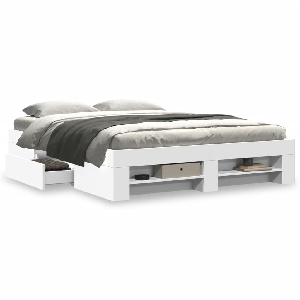Modern Wooden Queen Size 160cm Bed Frame Base With Drawers & Open Compartments