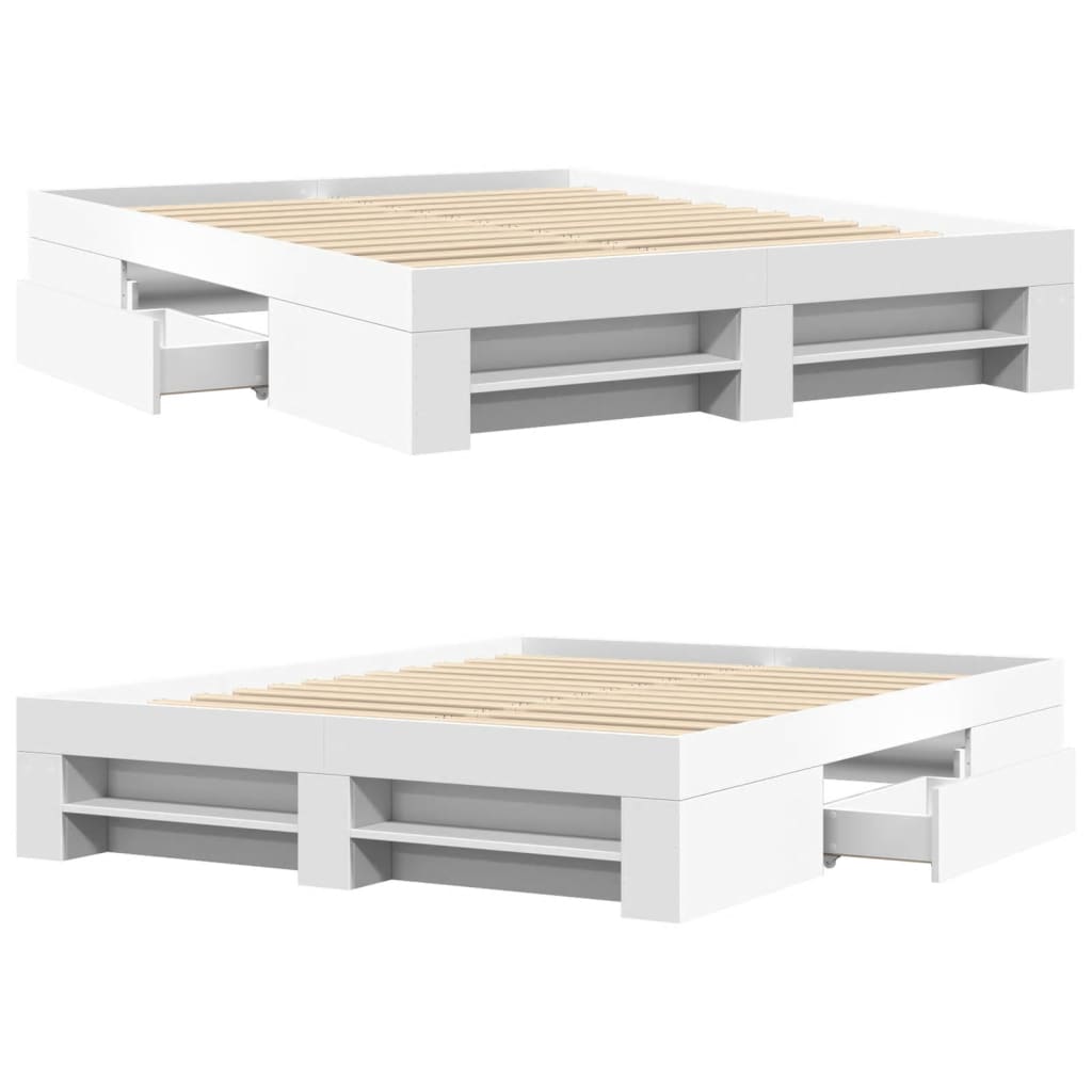 Modern Wooden Queen Size 160cm Bed Frame Base With Drawers & Open Compartments
