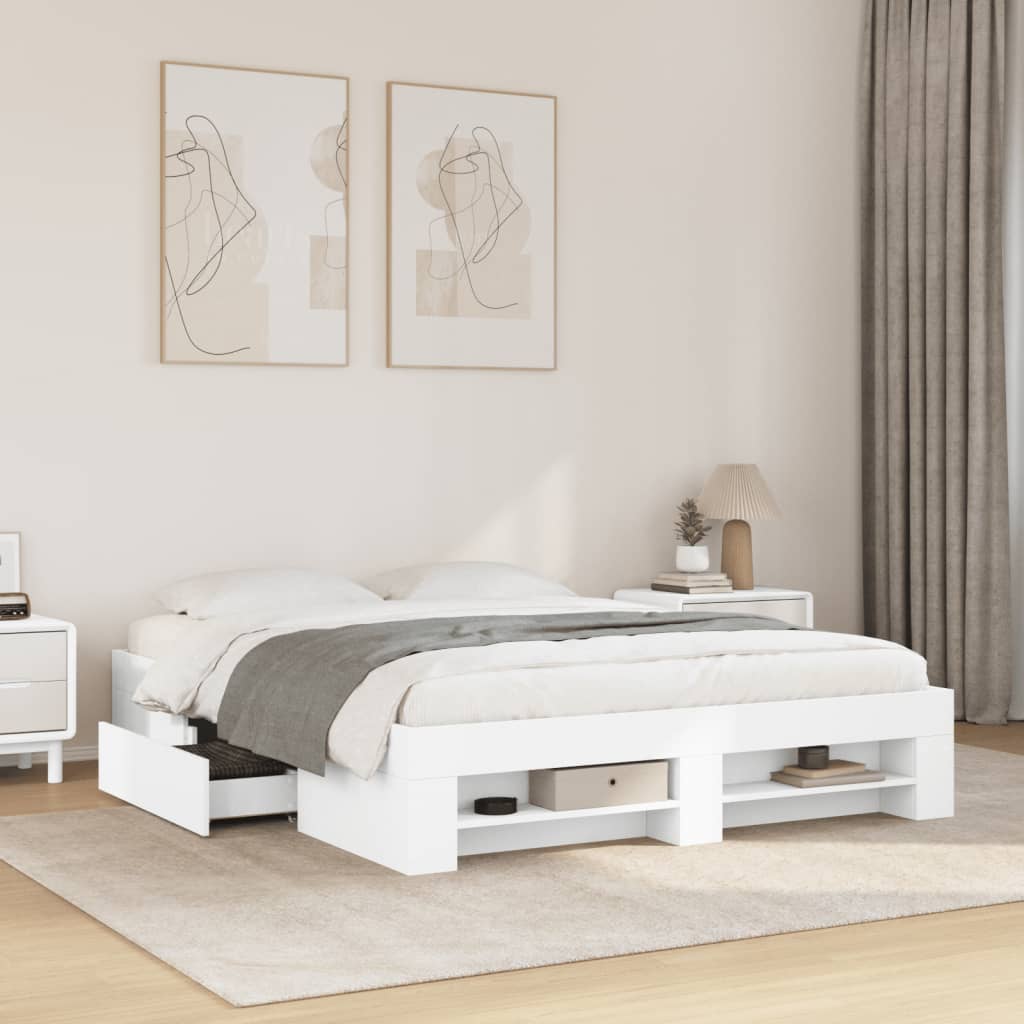 Modern Wooden Queen Size 160cm Bed Frame Base With Drawers & Open Compartments