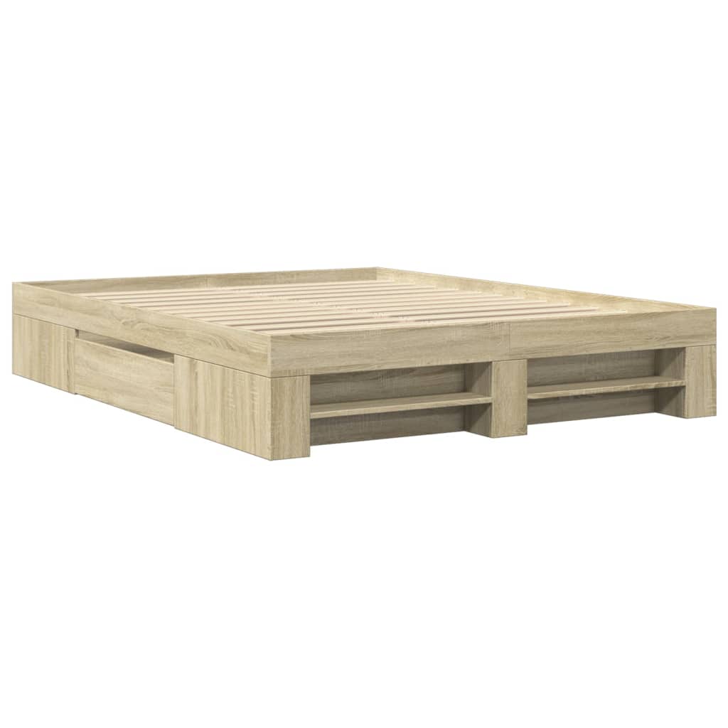Modern Wooden Queen Size 160cm Bed Frame Base With Drawers & Open Compartments