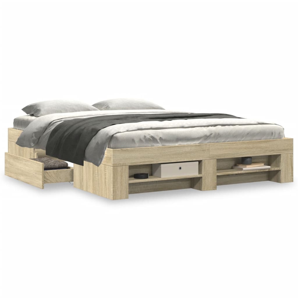 Modern Wooden Queen Size 160cm Bed Frame Base With Drawers & Open Compartments
