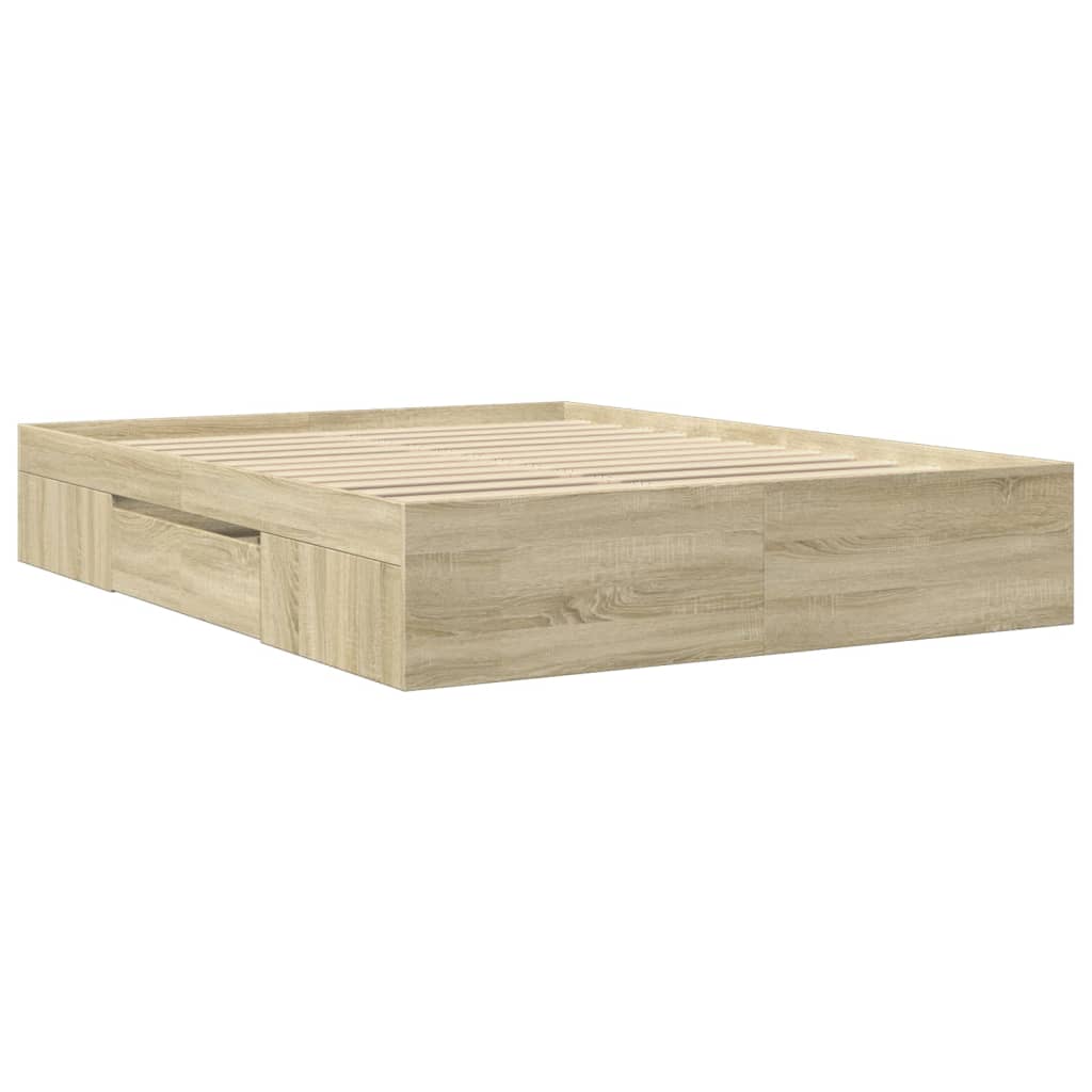 Modern Wooden Queen Size 160cm Bed Frame Base With Drawers & Open Compartments
