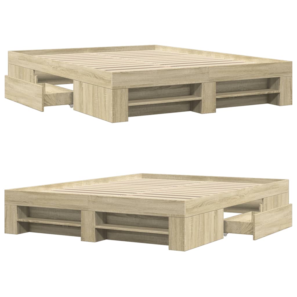 Modern Wooden Queen Size 160cm Bed Frame Base With Drawers & Open Compartments