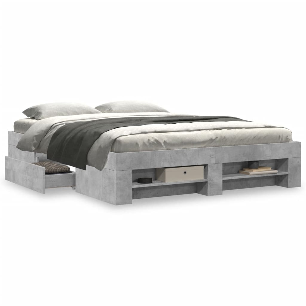 Modern Wooden Queen Size 160cm Bed Frame Base With Drawers & Open Compartments