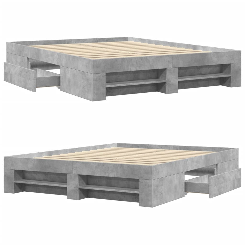 Modern Wooden Queen Size 160cm Bed Frame Base With Drawers & Open Compartments