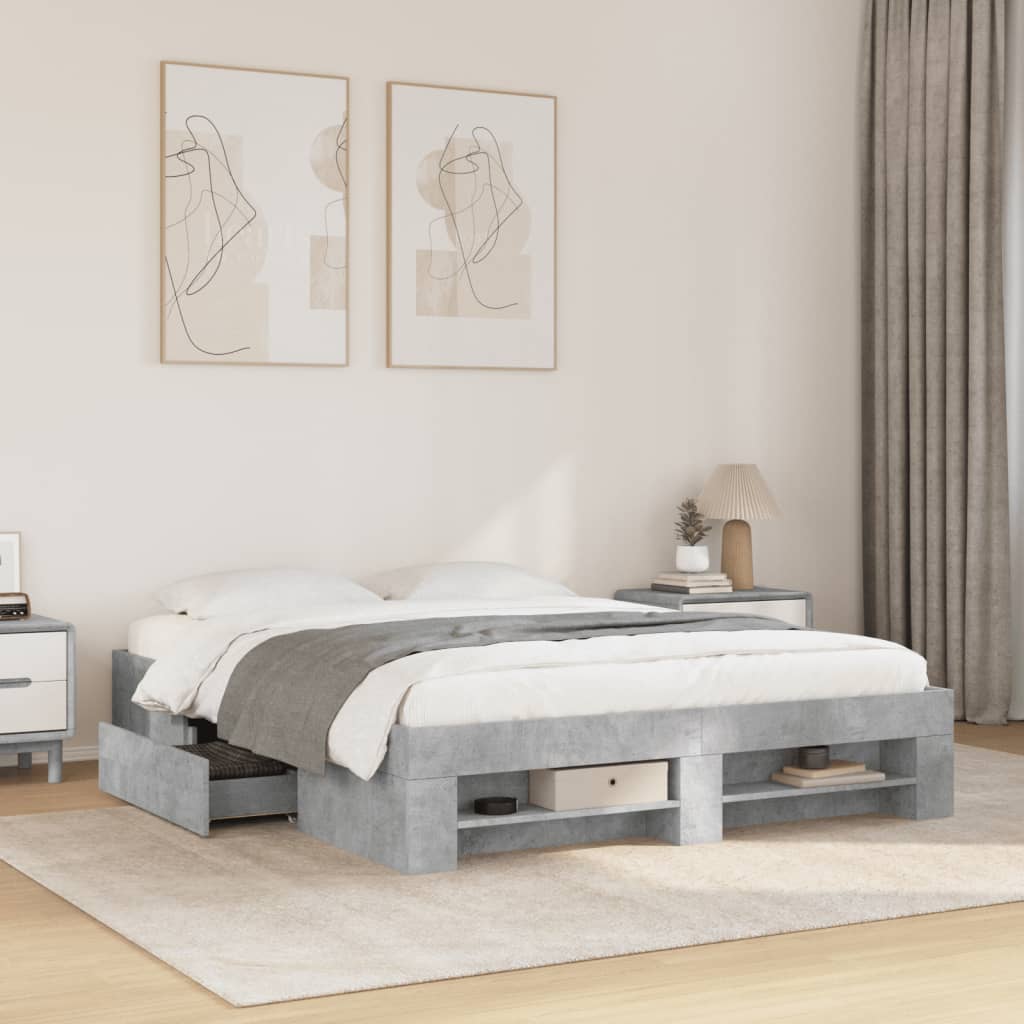 Modern Wooden Queen Size 160cm Bed Frame Base With Drawers & Open Compartments