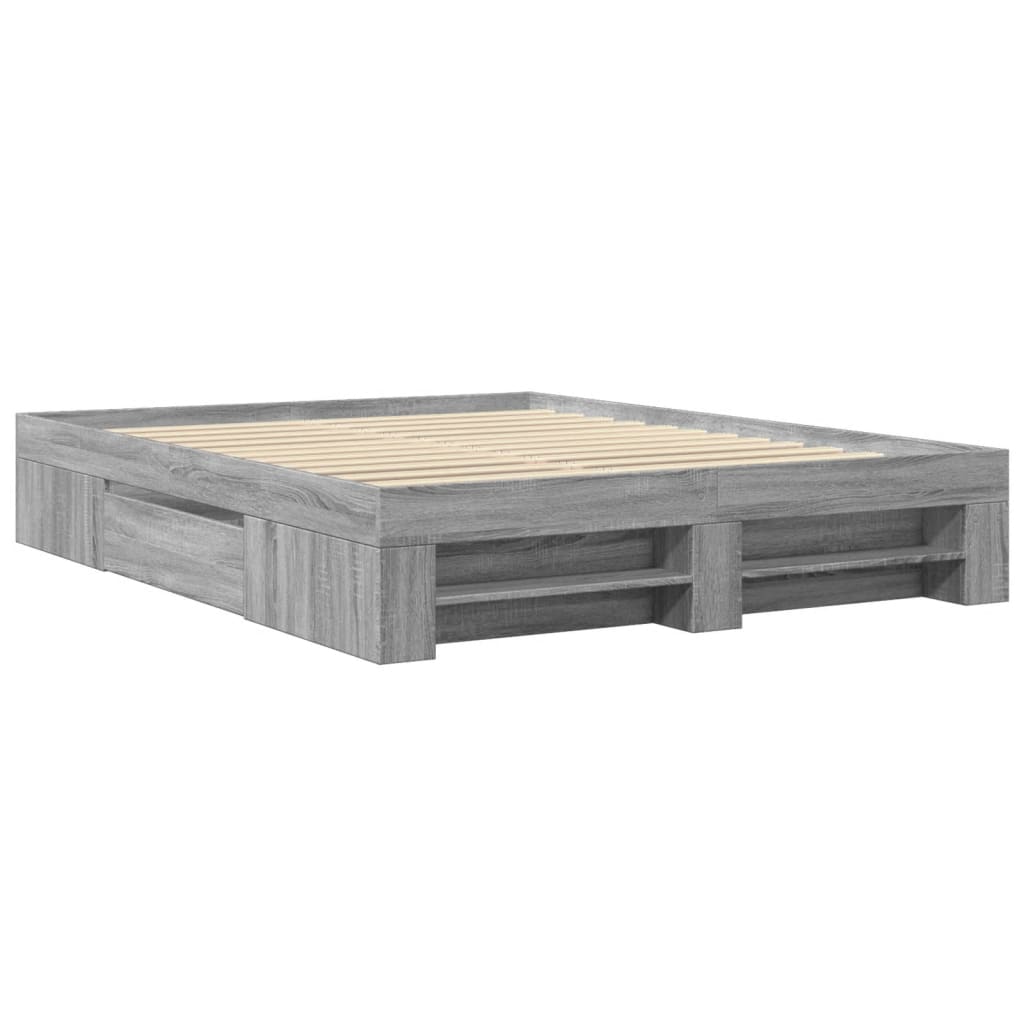 Modern Wooden Queen Size 160cm Bed Frame Base With Drawers & Open Compartments