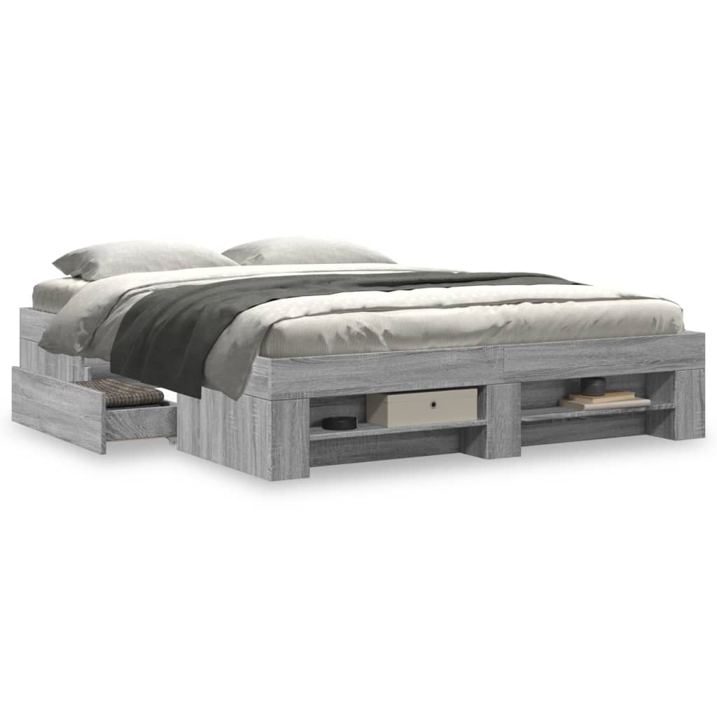 Modern Wooden Queen Size 160cm Bed Frame Base With Drawers & Open Compartments