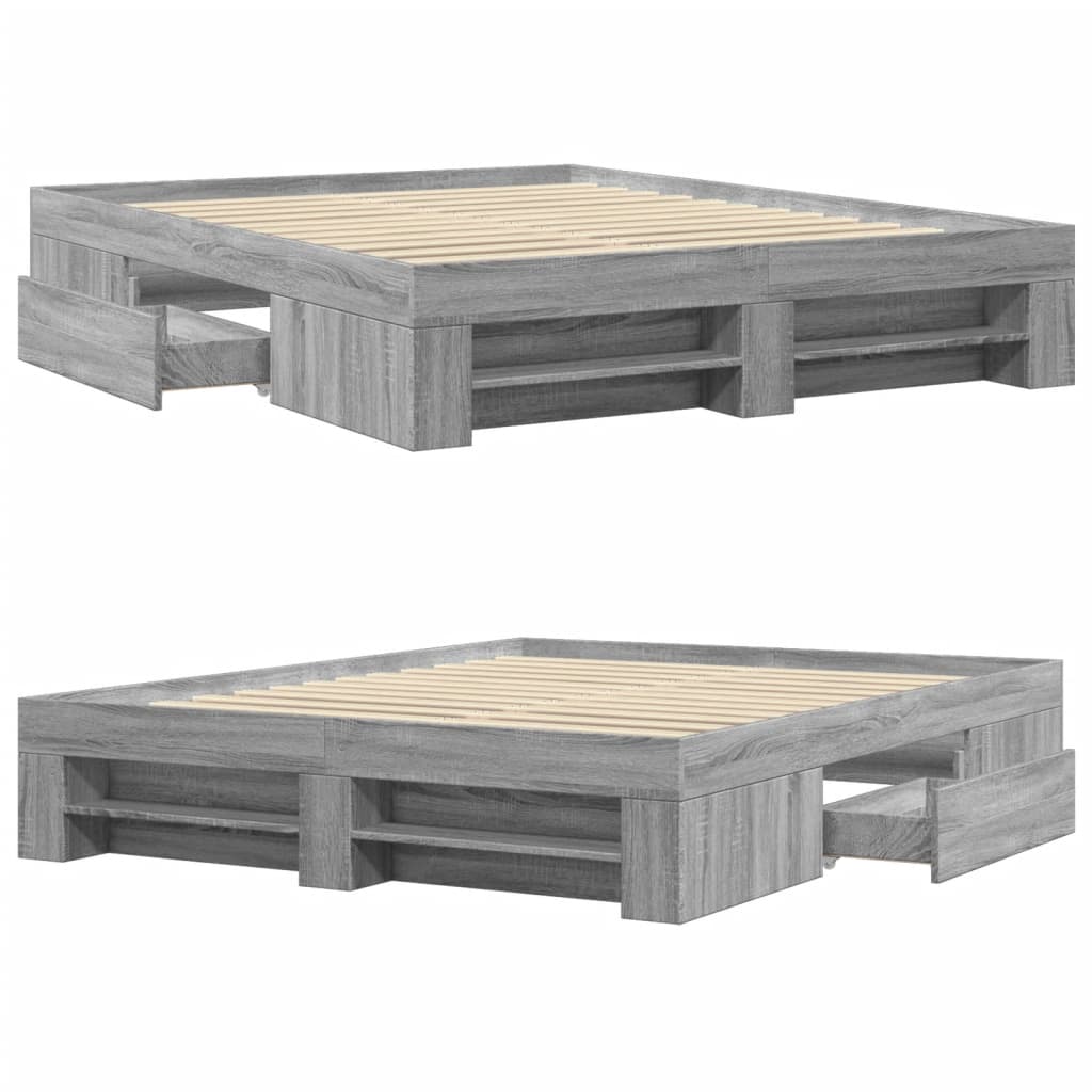 Modern Wooden Queen Size 160cm Bed Frame Base With Drawers & Open Compartments