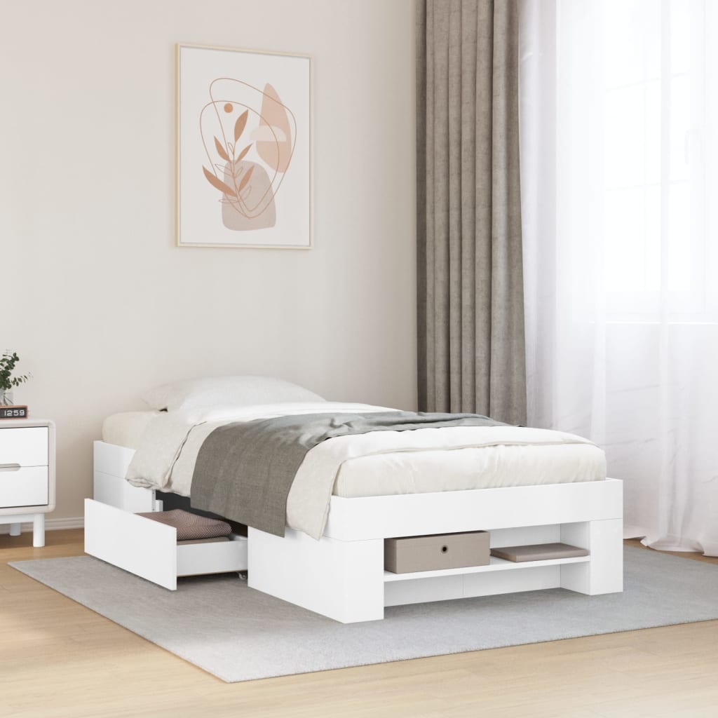Modern Wooden Single Size 90cm Bed Frame Base With Storage Drawer & Open Compartments