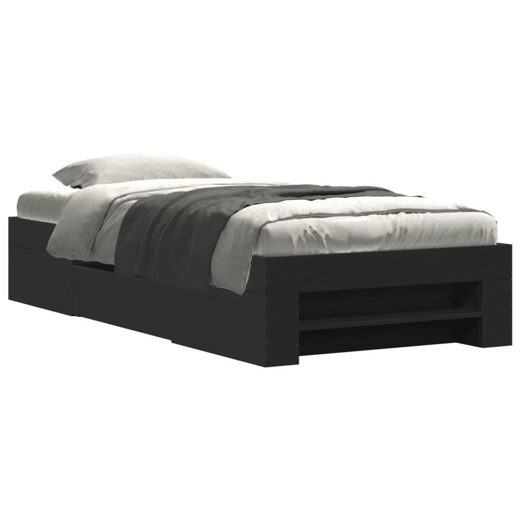 Modern Wooden Single Size 90cm Bed Frame Base With Storage Drawer & Open Compartments