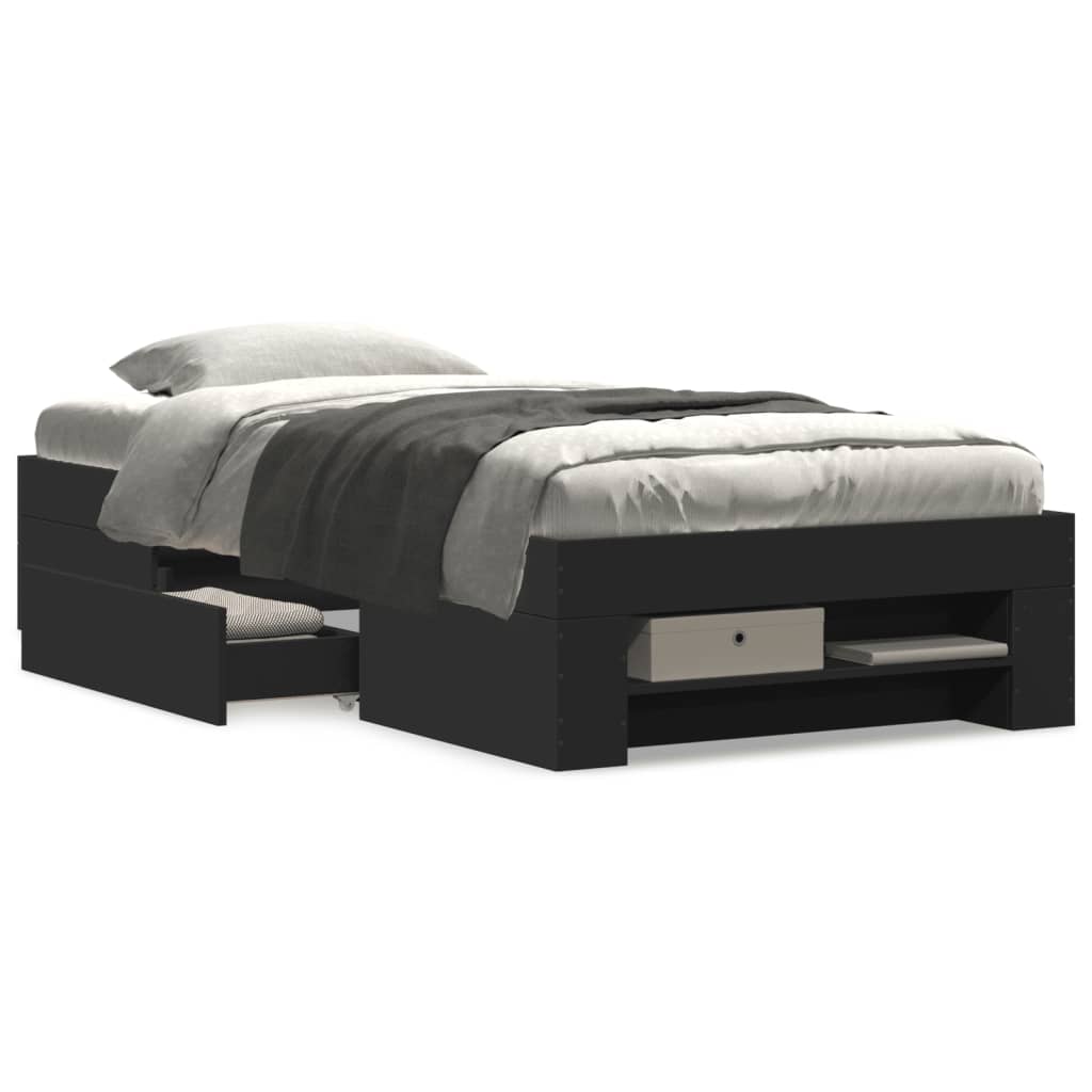 Modern Wooden Single Size 90cm Bed Frame Base With Storage Drawer & Open Compartments