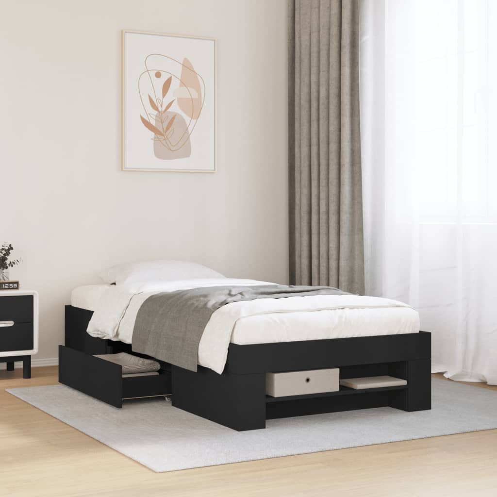 Modern Wooden Single Size 90cm Bed Frame Base With Storage Drawer & Open Compartments