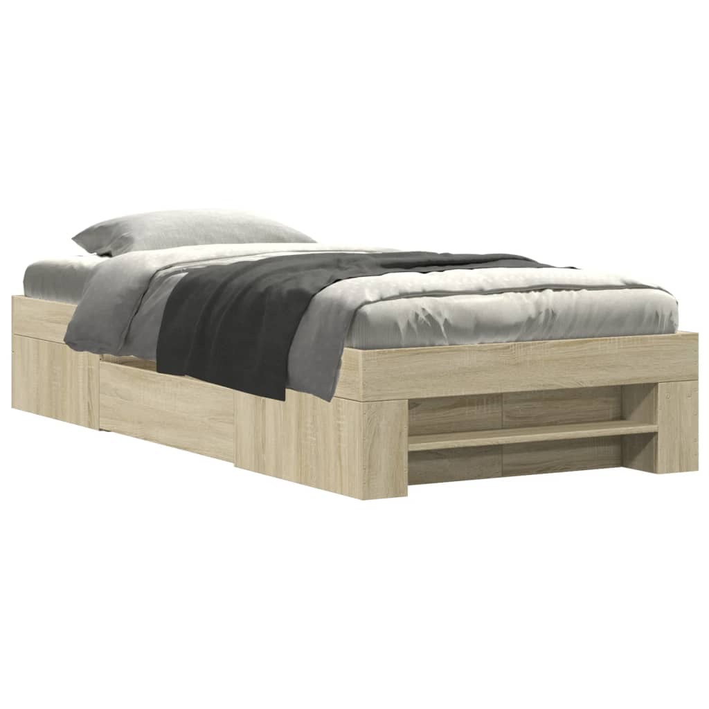 Modern Wooden Single Size 90cm Bed Frame Base With Storage Drawer & Open Compartments