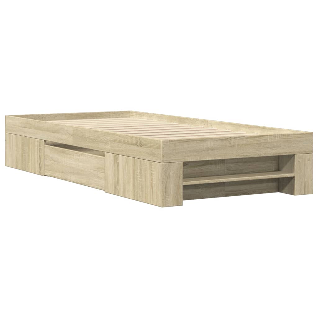 Modern Wooden Single Size 90cm Bed Frame Base With Storage Drawer & Open Compartments