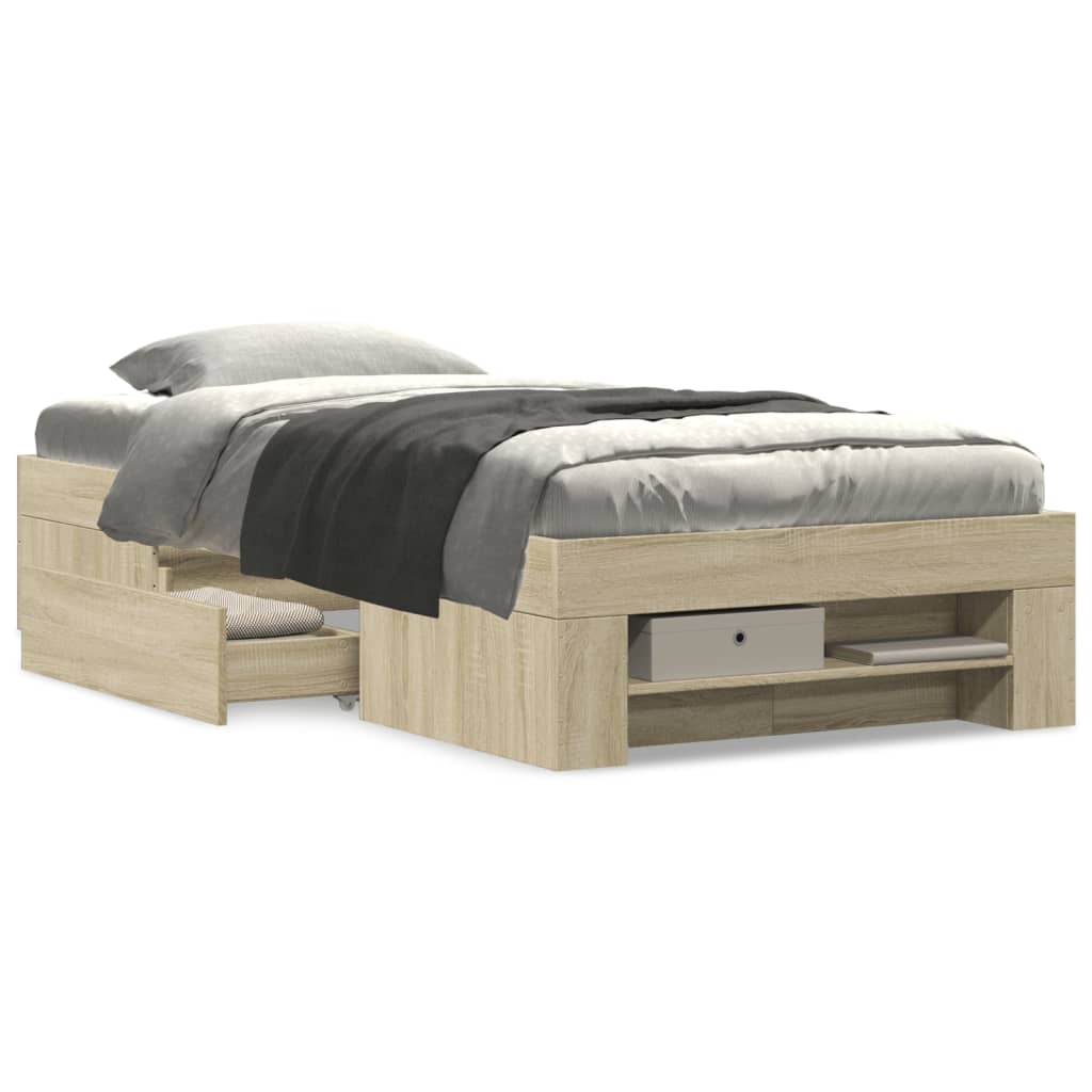 Modern Wooden Single Size 90cm Bed Frame Base With Storage Drawer & Open Compartments